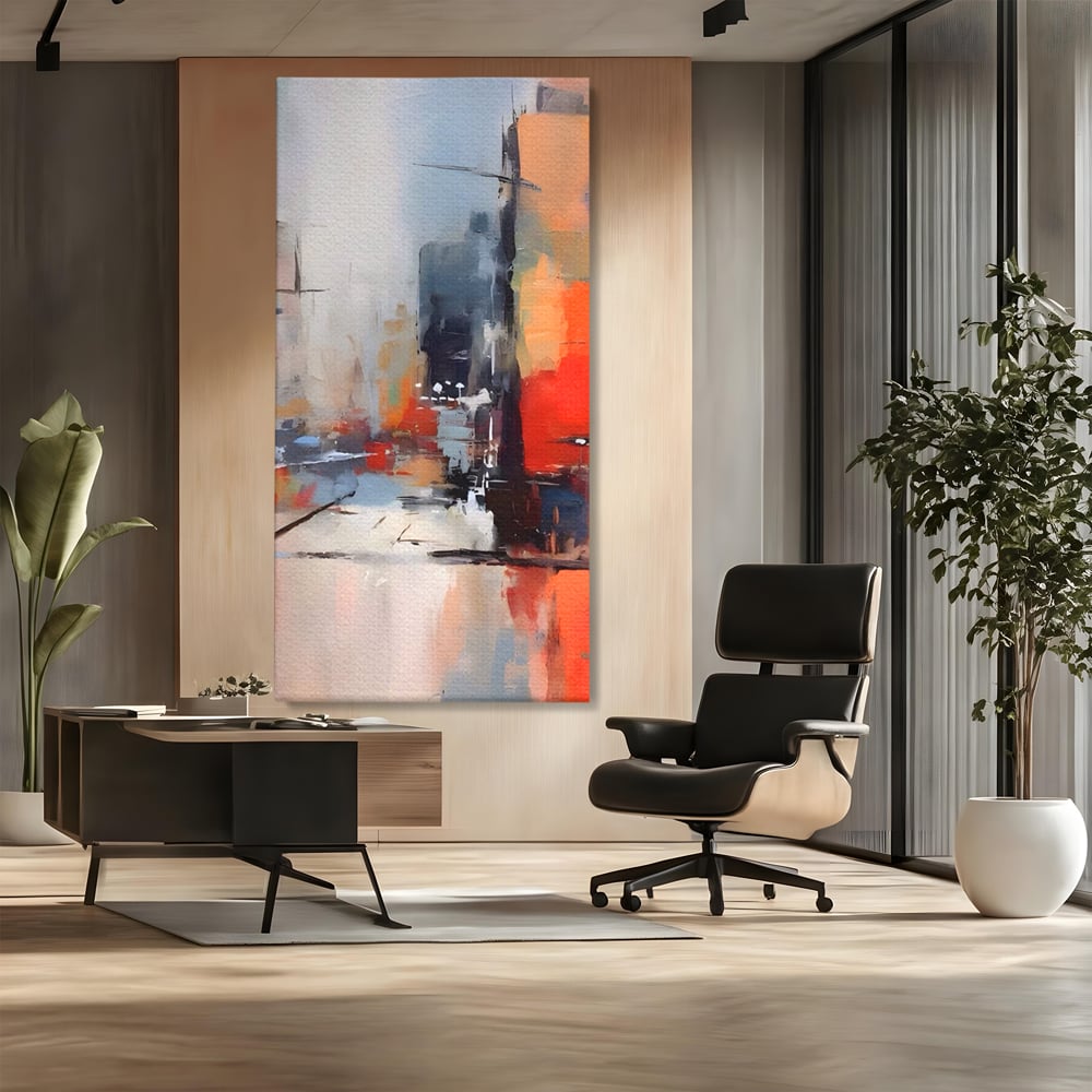 Tablou canvas cu pictura abstracta cu oras si cladiri, fara rama, pe sasiu de lemn, pe perete intr-un birou